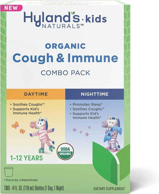 Hyland'S Kids Organic Cough & Immune Day/Night Combo Pack, Ease Coughs, Supports Immunity + Organic Sleep, Calm + Immunity With Chamomile, Elderberry & Passion Flower 60 Vegan Gummies