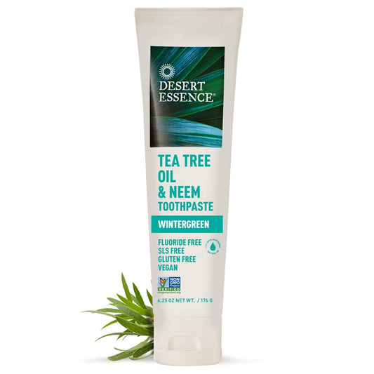 Desert Essence Tea Tree Oil & Neem Toothpaste - Fluoride-Free, Gluten-Free, Sls Free Formula - Vegan, Herbal Toothpaste For Plaque Reduction - Wintergreen Flavor, 6.25 Oz