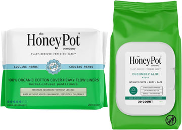 The Honey Pot Company - Heavy Liners & Cucumber Aloe Feminine Wipes Bundle - Pads Infused W/Essential Oils - Natural Hygiene Feminine Products - Sanitary Pads - Feminine Care - Fsa & Hsa Eligible