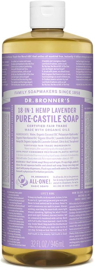 Dr. Bronner's - Pure-Castile Liquid Soap (Lavender, 32 Fl Oz) - Made with Organic Oils, 18-in-1 Uses: Face, Body, Hair, Laundry, Pets and Dishes, Concentrated, Vegan, Non-GMO