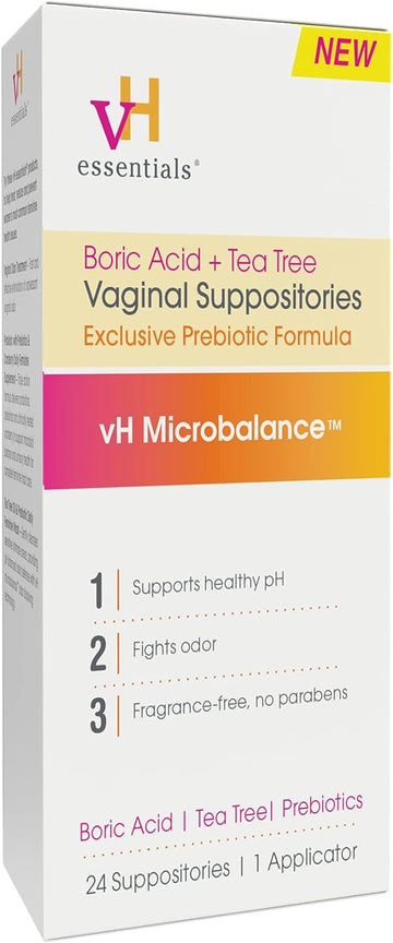 vH essentials Boric Acid + Tea Tree Vaginal Suppositories - Prebiotics Formula with Lactic Acid - PH Balance, Odor Control, Feminine Care - 24 Suppositories + Applicator, White, 2.4 Ounces (5397)