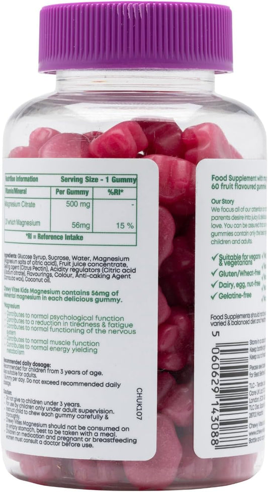 Chewy Vites Kids Magnesium, 2 Months Supply, 60 Kids Vitamins Gummies, 500Mg Magnesium Citrate Providing 56Mg Per Gummy, Real Fruit Juice, Age 3 +, Berries Flavour