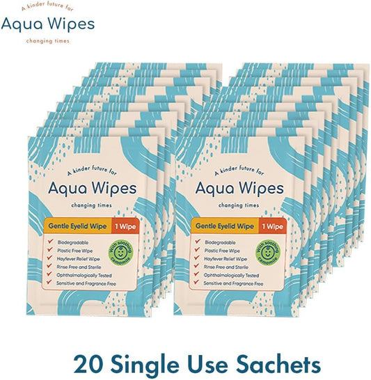 Aqua Wipes Gentle Eyelid & Lash Wipes - Sterile Biodegradable Eyelid Wipes With Soothing Camomile - Unscented - Suitable For Adults, Children And Babies Including Newborns (20 Single-Use Wipes)