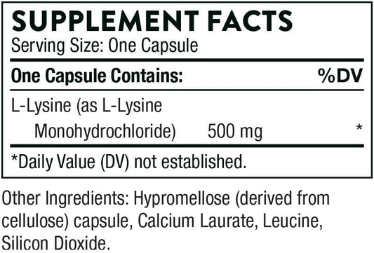 Thorne Lysine - Essential Amino Acid For Skin Health, Energy Production, And Immune Function - 500 Mg - 60 Capsules