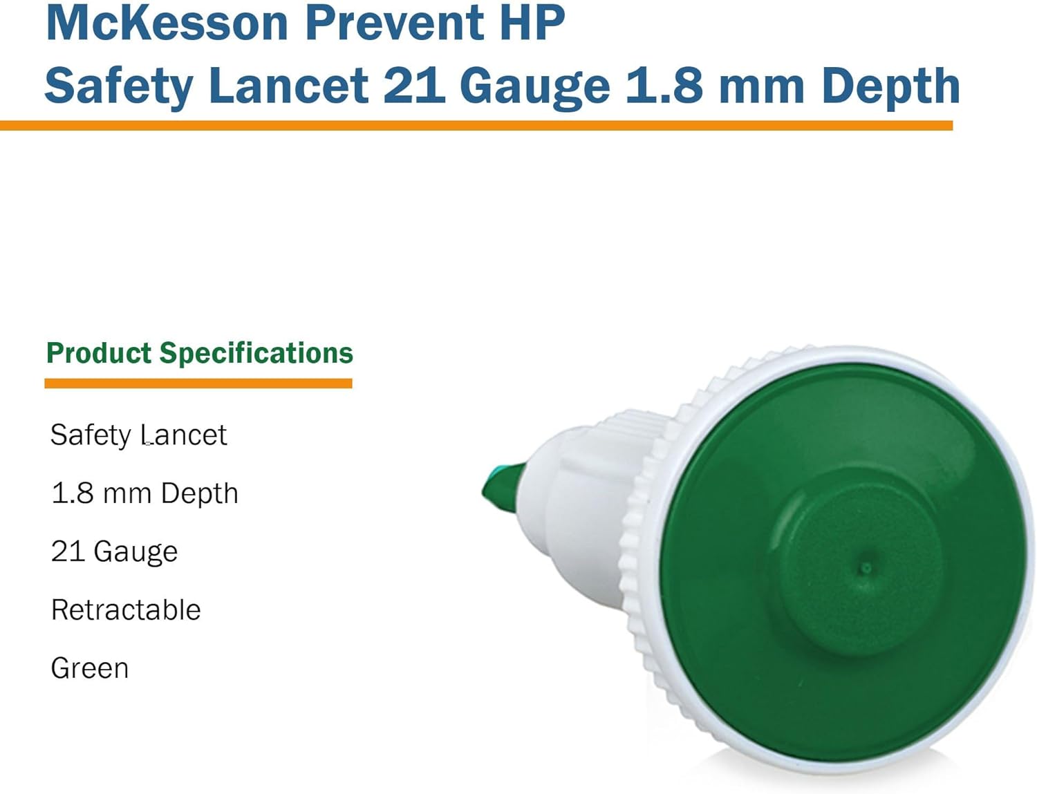 McKesson Prevent HP Safety Lancet, Auto Retracting with Push Button Activation, 21 Gauge, 1.8 mm Depth, Sterile, Green, 100 Count, 1 Pack