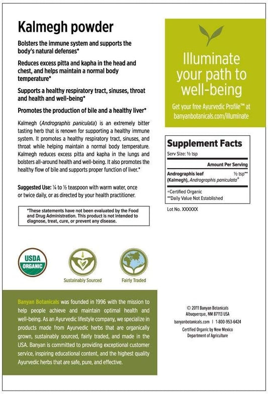 Banyan Botanicals Organic Kalmegh Powder - Andrographis paniculata - 1/2  - Bitter Herb for Immune Health and Respiratory Support*- Non-GMO Sustainably Sourced No Additives or Fillers Vegan