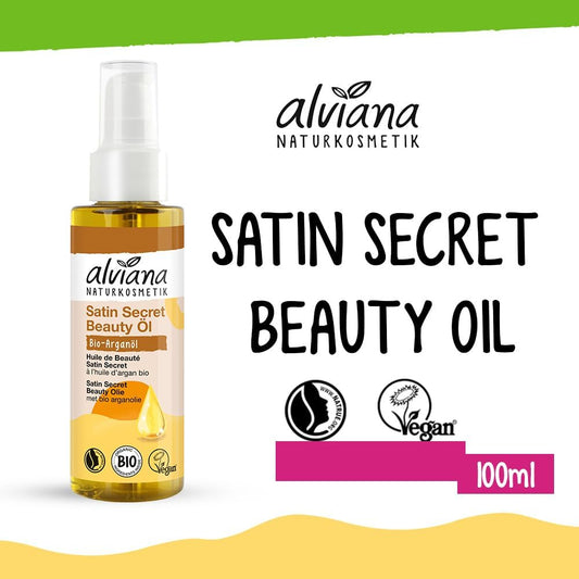 Alviana Satin Secret Beauty Oil 100 ml (Pack of 2), Luxurious Moisturising Oil for Body, Face, Hair and Nails, with Organic Argan & Almond Oils, Non-Greasy, Quick Absorption, Certified Natural Produ