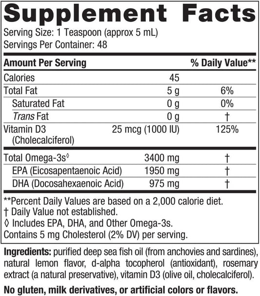 Nordic Naturals Ultimate Omega Xtra Liquid, Lemon Flavor - 8 oz - 3400 mg Omega-3 + 1000 IU Vitamin D3 - Omega-3 Fish Oil - EPA & DHA - Brain, Heart, Joint, & Immune Health - Non-GMO - 48 Servings