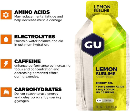 Gu Energy Original Sports Nutrition Energy Gel, Vegan, Gluten-Free, Kosher, And Dairy-Free On-The-Go Energy For Any Workout, 24-Count, Lemon Sublime