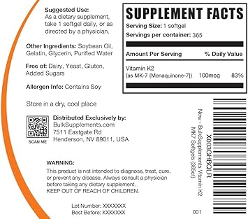 BulkSupplements.com Vitamin K2 Softgels - Vitamin K2 MK7, Vitamin K2 Supplement, Vitamin K2 100 mcg - MK7 Vitamin K2 for Bones, Gluten Free - 1 Softgel per Serving, 365 Softgels