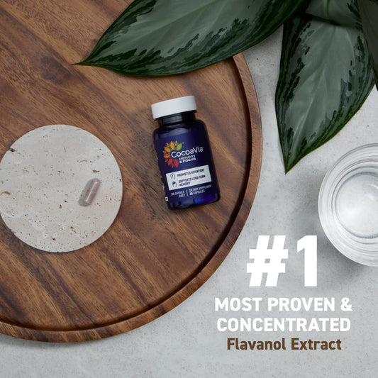 Cocoavia Memory & Focus Brain Supplement, 90 Day, Cocoa Flavanol Blend, Lutein, Added Caffeine For Boost. Improve Cognitive Function, Attention, Vegan & Plant Based, 90 Capsules