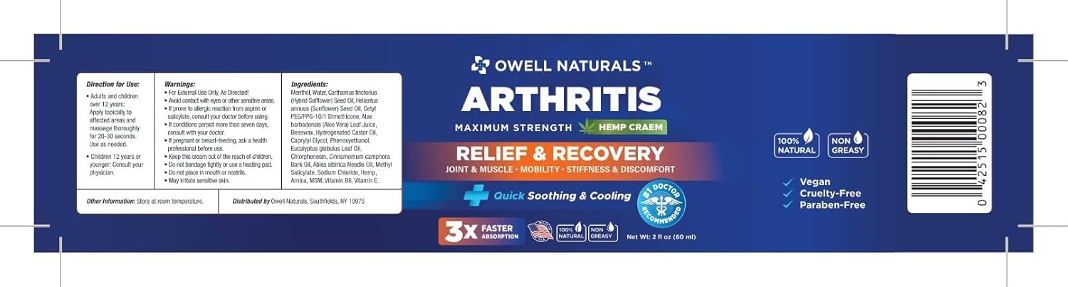 OWELL NATURALS Joint & Muscle Cream - All-Natural- Maximum Strength Relief & Recovery for Back (2 Fl Oz (Pack of 1) : Health & Household
