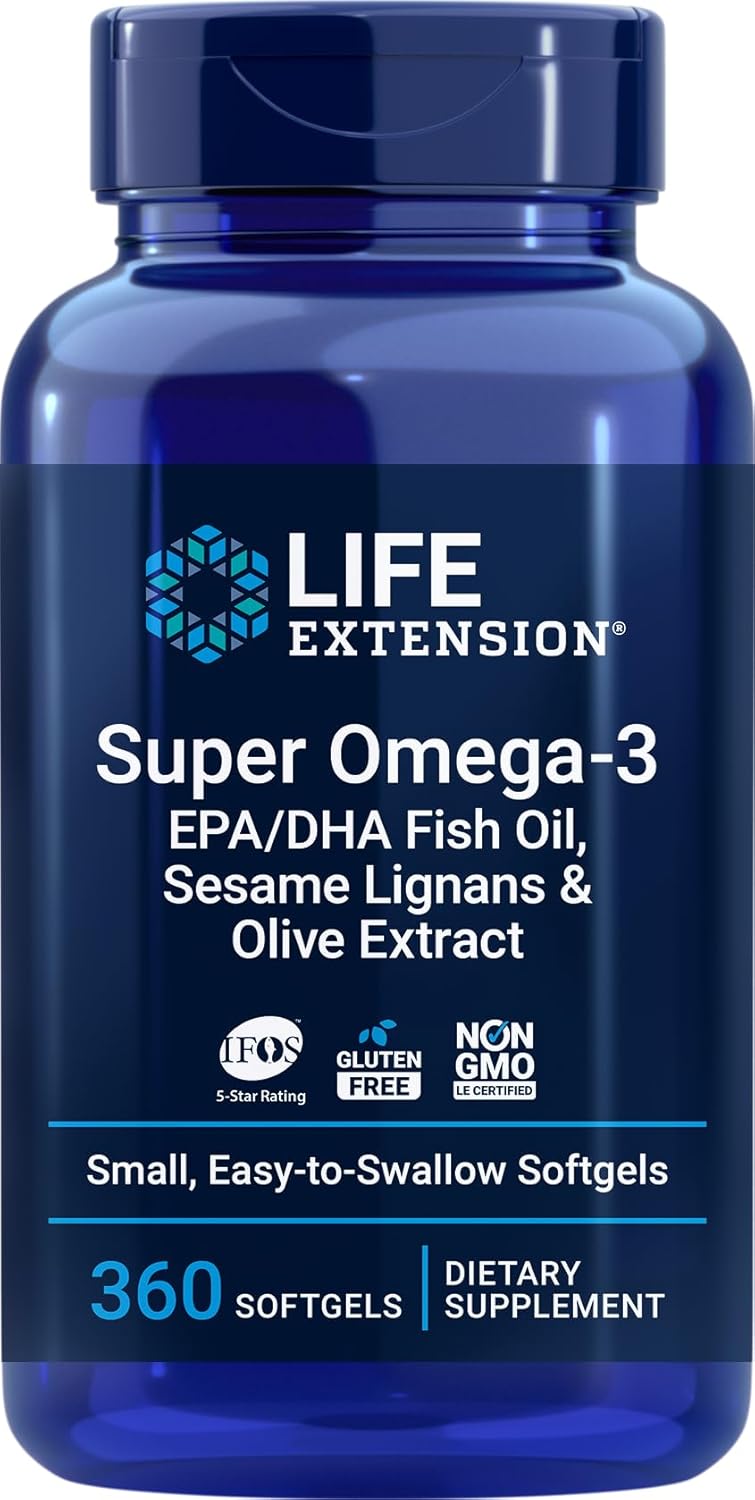 Life Extension Super Omega-3 360 Softgels, Easy To Swallow, Epa/Dha Omega3 Fish Oil, Sesame Lignans & Olive Extract