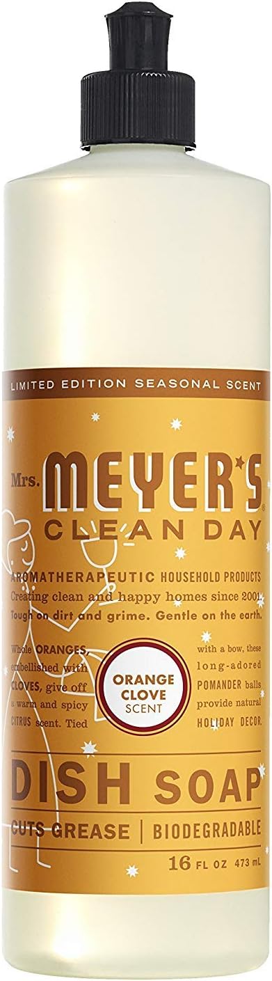 Mrs. Meyer's Clean Day Dishwashing Liquid Dish Soap, Cruelty Free Formula, Orange Clove Scent, 16 Fl oz Bottle (Pack of 3)