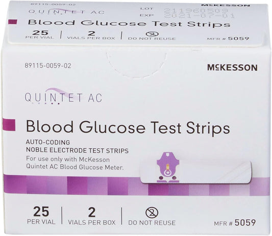 McKesson Quintet AC Blood Glucose Test Strips - Auto Coding, Noble Electrode Strips, for Self-Testing and Point-of-Care Testing of Whole Blood Glucose, 50 Strips, 1 Pack