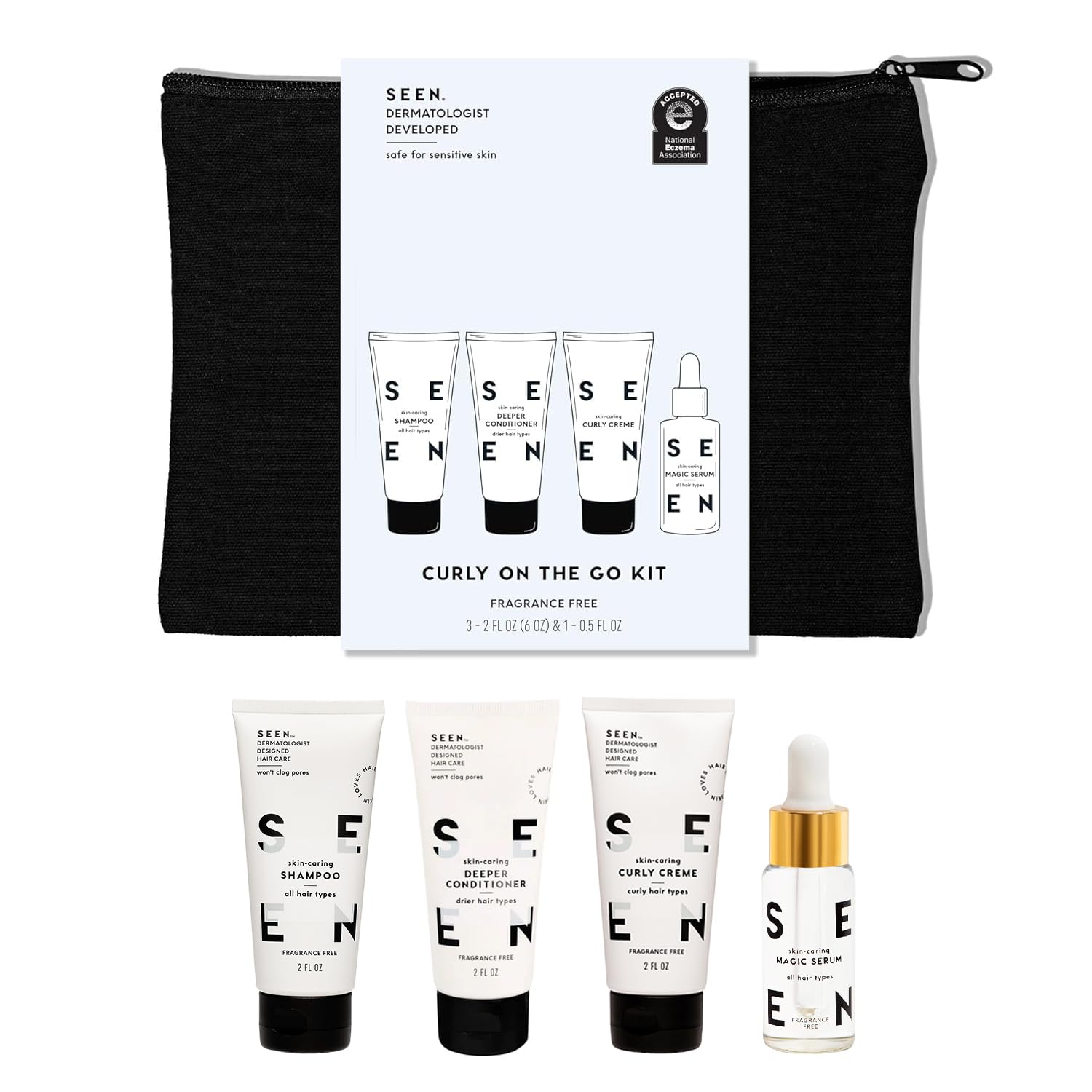 Seen Curly On The Go Kit, Fragrance Free - Non-Comedogenic & Safe For Sensitive Skin - Sulfate-Free, Curl-Defining Styling Hair Bundle - Anti Frizz - Heat Protectant