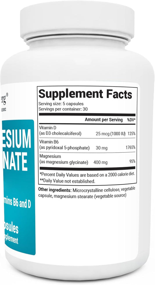 Dr. Berg's Magnesium Glycinate 400mg - Fully Chelated Magnesium Glycinate Capsules for Stress, Calm, Relaxation & Sleep Support - Includes Magnesium-Glycinate w/Vitamin D & B6-150 Veg Capsules