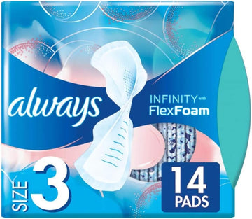 Always Infinity Size 3 Feminine Pads with Wings, Extra Heavy Flow Absorbency, Unscented, 14 Count