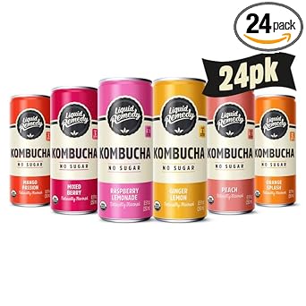 Liquid Remedy Kombucha Sugar Free Organic Drink, Low Calorie, Probiotic Like Tea For Gut Health - Super Sampler Variety Pack - 8.5 Fl Oz Can, 24-Pack