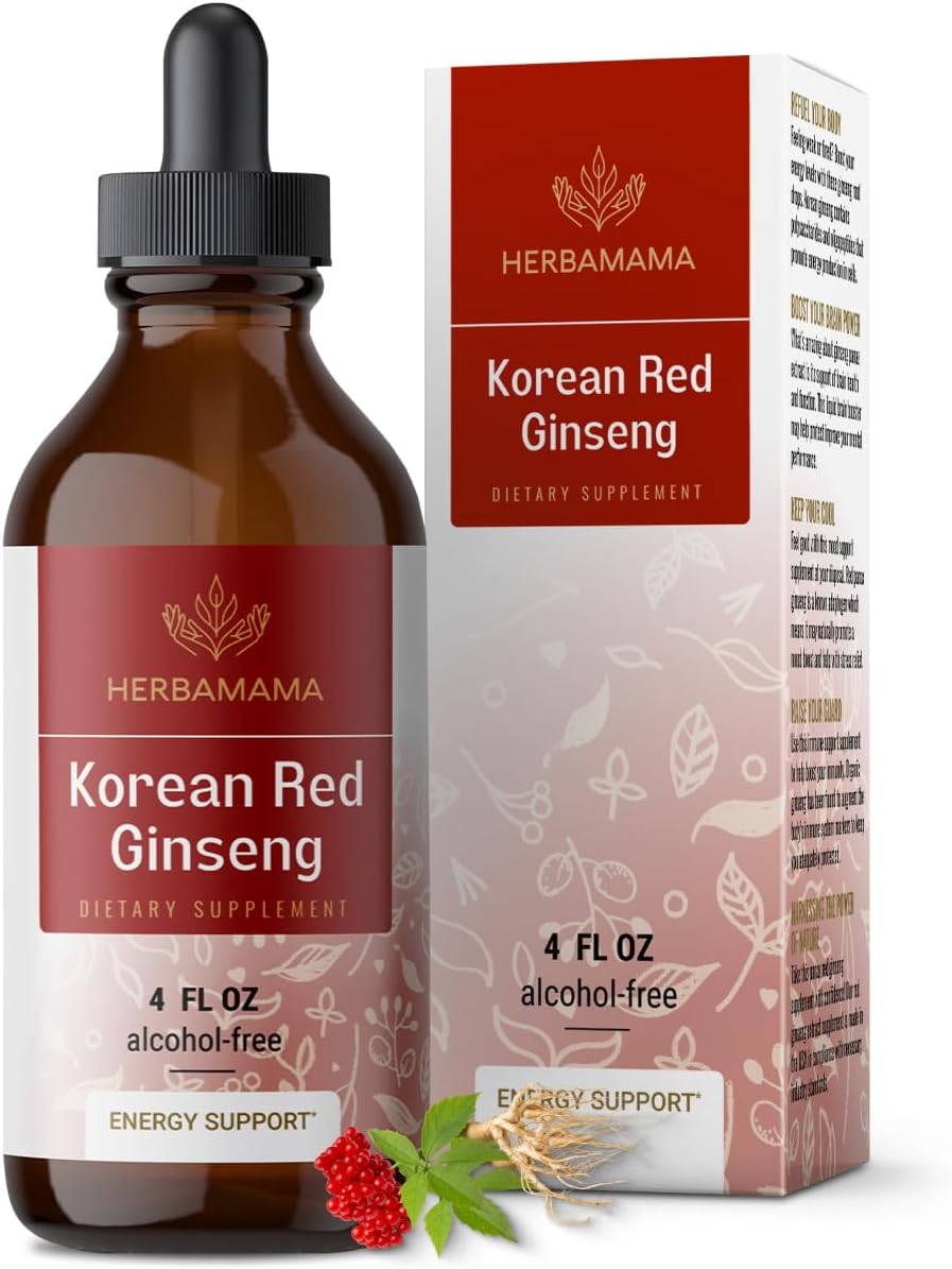 Herbamama Korean Panax Ginseng Extract - Red Ginseng Root Energy Supplements - Korean Red Ginseng Drops For Men And Women - Vegan, Alcohol & Sugar-Free, 56-Day Supply