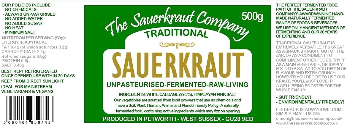 The Sauerkraut Co. Award Winning Traditional Sauerkraut (1X500G). Packed Full Of Friendly Living Bacteria (Unpasteurised), Vitamins & Minerals