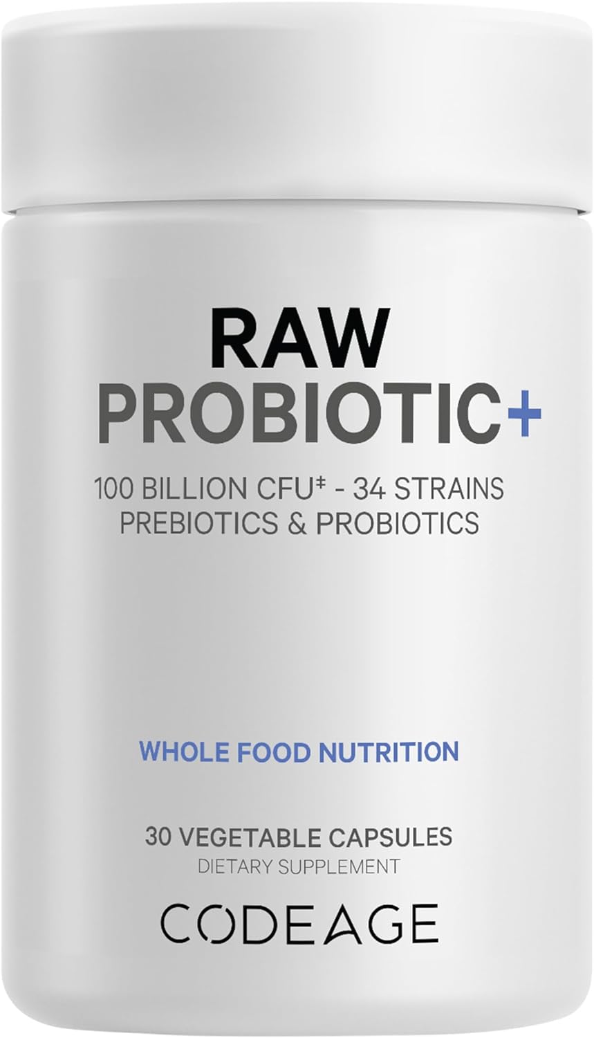 Codeage Raw Probiotic+ Supplement 100 Billion Cfu, 34 Strains With Digestive Enzymes, Raw Fruits & Veggies Prebiotics - Wild Kefir Culture - Non-Gmo - Gluten-Free - 1 Capsule Per Serving - 30 Capsules