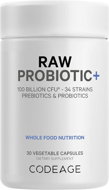 Codeage Raw Probiotic+ Supplement 100 Billion Cfu, 34 Strains With Digestive Enzymes, Raw Fruits & Veggies Prebiotics - Wild Kefir Culture - Non-Gmo - Gluten-Free - 1 Capsule Per Serving - 30 Capsules