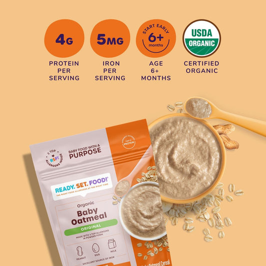 Ready Set Food Organic Baby Oatmeal Cereal & Organic Puree Pouch Baby Food With 3 Top Allergens: Organic Peanuts, Egg, And Milk