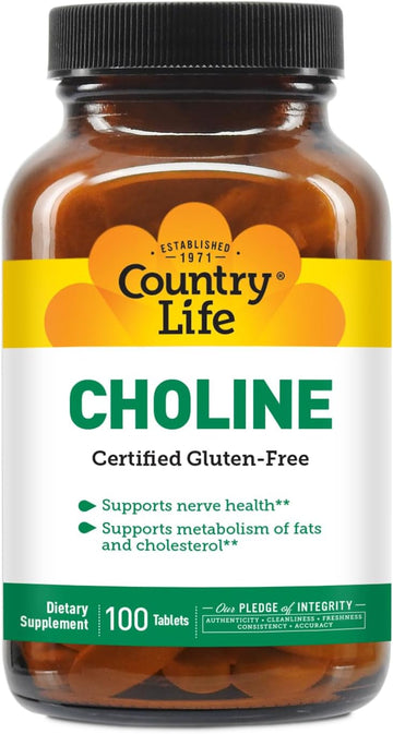 Country Life Choline 266Mg, Certified Gluten Free, Certified Vegan, Certified Halal - 100 Tablets
