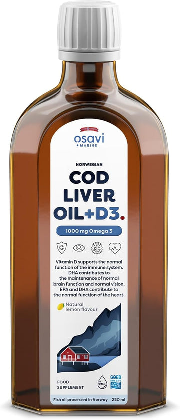 Osavi Norwegian Cod Liver Oil + D3, 1000 Mg Omega 3, Lemon – 250 Ml | High In Dha & Epa For Brain, Heart & Vision Health | Supports Immune System Function | Sustainably Sourced From Wild Atlantic Cod