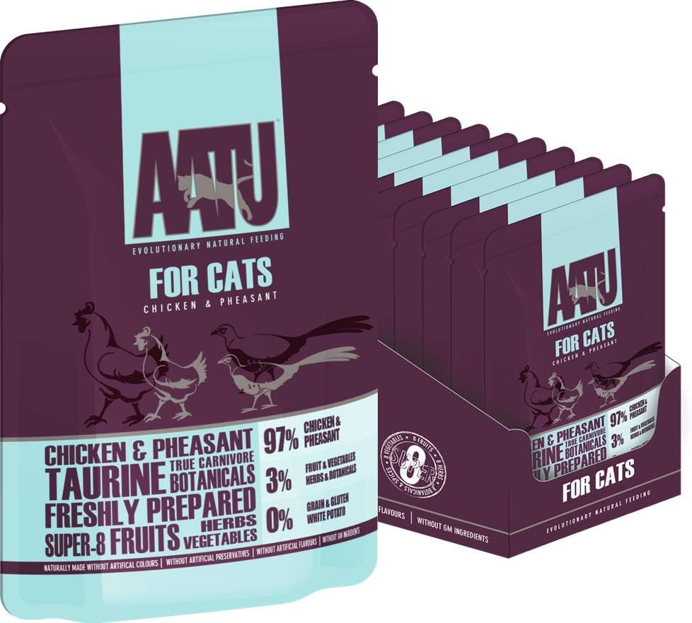 AATU 97/3 Wet Cat Food - Chicken & Pheasant (10x85g) - Grain Free Recipe with No Artificial Ingredients - Easy Tear Pouches :Pet Supplies