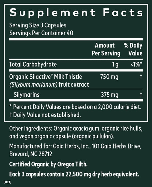 Gaia Herbs Milk Thistle - Liver Supplement & Cleanse Support For Maintaining Healthy Liver Function* - 120 Vegan Capsules (40-Day Supply)