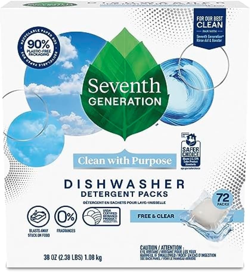 Seventh Generation Dishwasher Detergent Packs For Sparkling Dishes Free & Clear Dishwasher Tabs (72 Count)