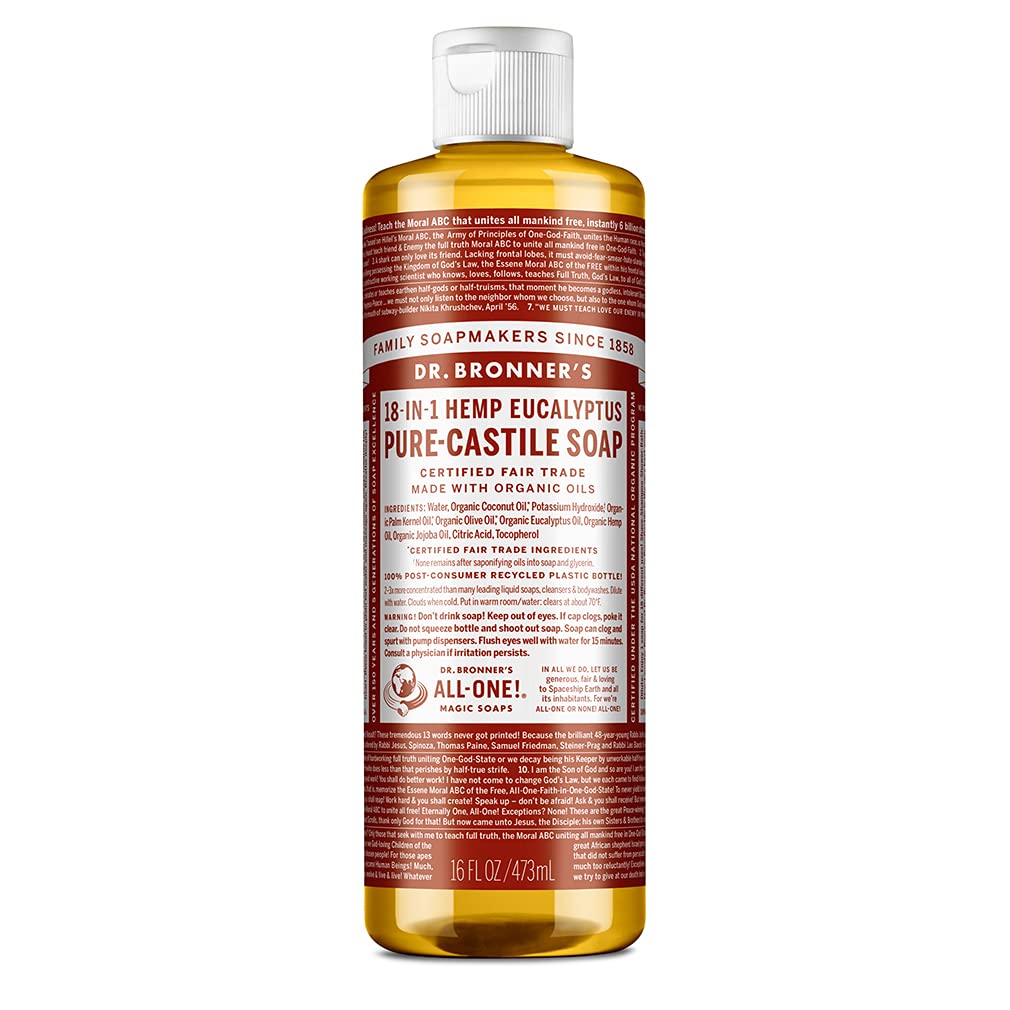 Dr. Bronner's - Pure-Castile Liquid Soap (Eucalyptus, 16 ounce) - Made with Organic Oils, 18-in-1 Uses: Face, Body, Hair, Laundry, Pets and Dishes, Concentrated, Vegan, Non-GMO