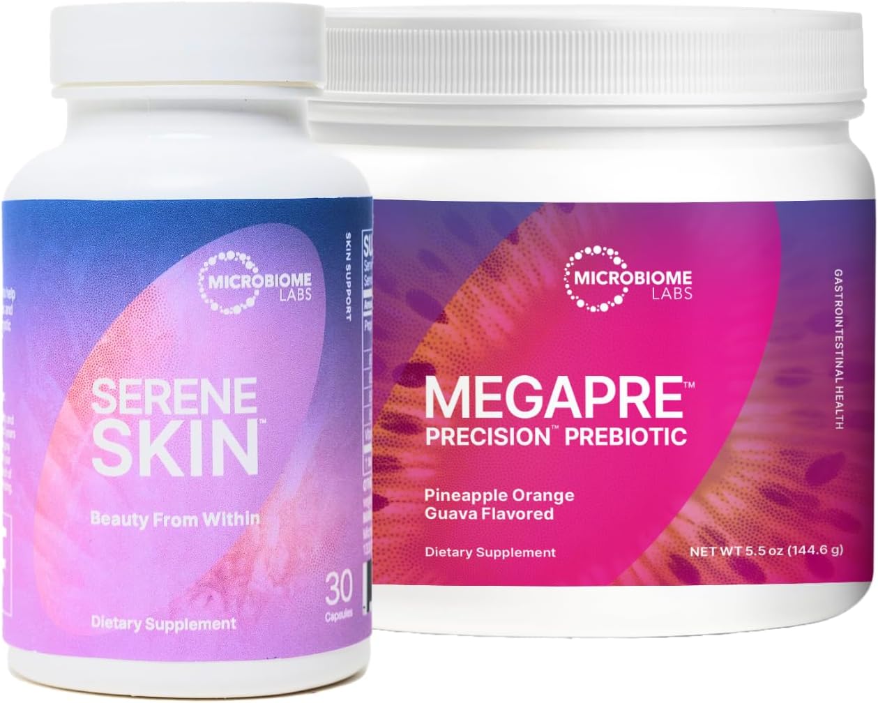 Microbiome Labs Skin Support Bundle - Sereneskin Clear Skin Probiotic Supplement Shown To Help Reduce Fine Lines (30 Capsules) - Megapre Prebiotic Powder For Gut Health (2.1Oz)