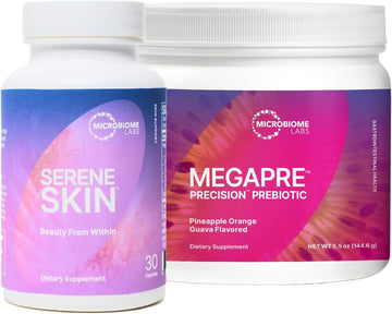 Microbiome Labs Skin Support Bundle - Sereneskin Clear Skin Probiotic Supplement Shown To Help Reduce Fine Lines (30 Capsules) - Megapre Prebiotic Powder For Gut Health (2.1Oz)
