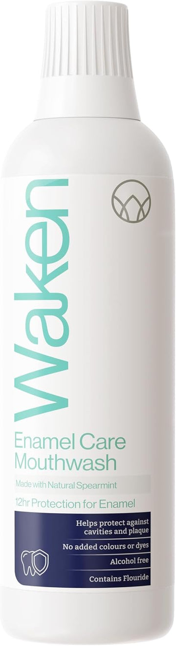Waken Enamel Care Mouthwash, Alcohol Free With Natural Mint Extracts, 12Hr Protection, Vegan, Fluoride Mouthwash For Enamel, Clean Teeth, Fresh Breath & Oral Care, No Artificial Colours Or Dyes, 500Ml