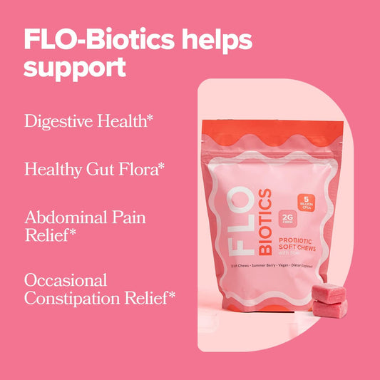 Flo-Biotics Probiotic Soft Chews For Digestive Health, Healthy Gut Flora & Occasional Constipation Relief  Vegan Digestive Health Probiotic Gummies Gut Supplement Berry Flavor - 30 Count (Pack Of 1)