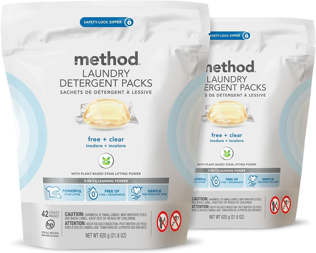 Method Laundry Detergent Packs; Fragrance Free + Clear; Plant-Based Stain Remover That Works In Hot & Cold Water; 42 Packs Per Bag; 2 Pack (84 Loads); Packaging May Vary