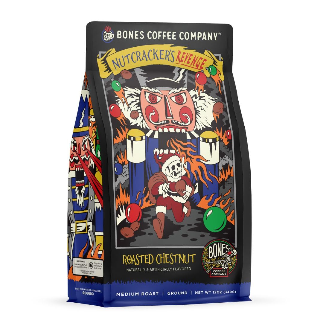 Bones Coffee Company Nutcracker'S Revenge Flavored Coffee Beans, Medium Roast Ground Coffee Low Acid, Roasted Chestnut Flavor (12 Oz)