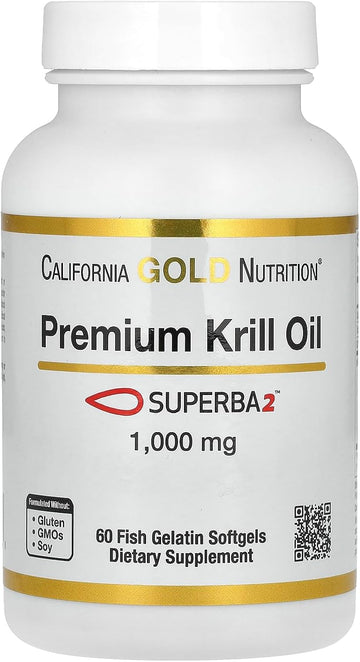 Premium Krill Oil With Superba2 By California Gold Nutrition - Bioavailable Omega-3S From Antarctic Krill - Heart & Brain Health Support - Gluten Free, Non-Gmo - 1000 Mg - 60 Fish Gelatin Softgels