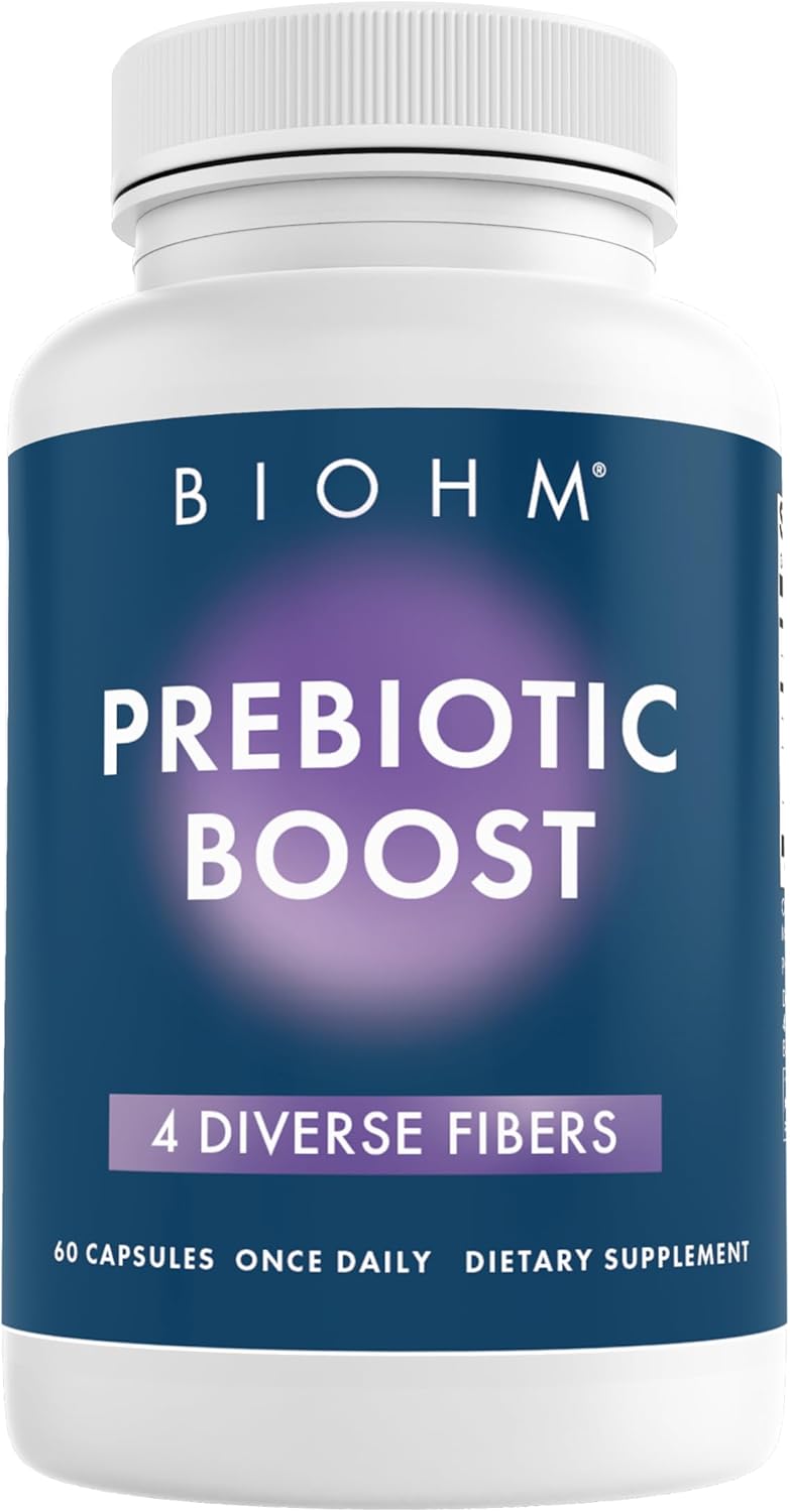 Biohm Prebiotic Fiber Supplement (60 Capsules) 4 Diverse Dietary Fibers To Support Probiotic Environment, Helps Improve Gut Health And Immune System, Includes Inulin & Apple Pectin Powder