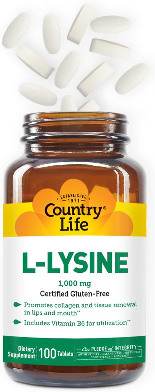 Country Life L-Lysine 1000Mg With Vitamin B6-100 Tablets - Promotes Collagen And Tissue Renewal - Aids Utilization - Gluten-Free…