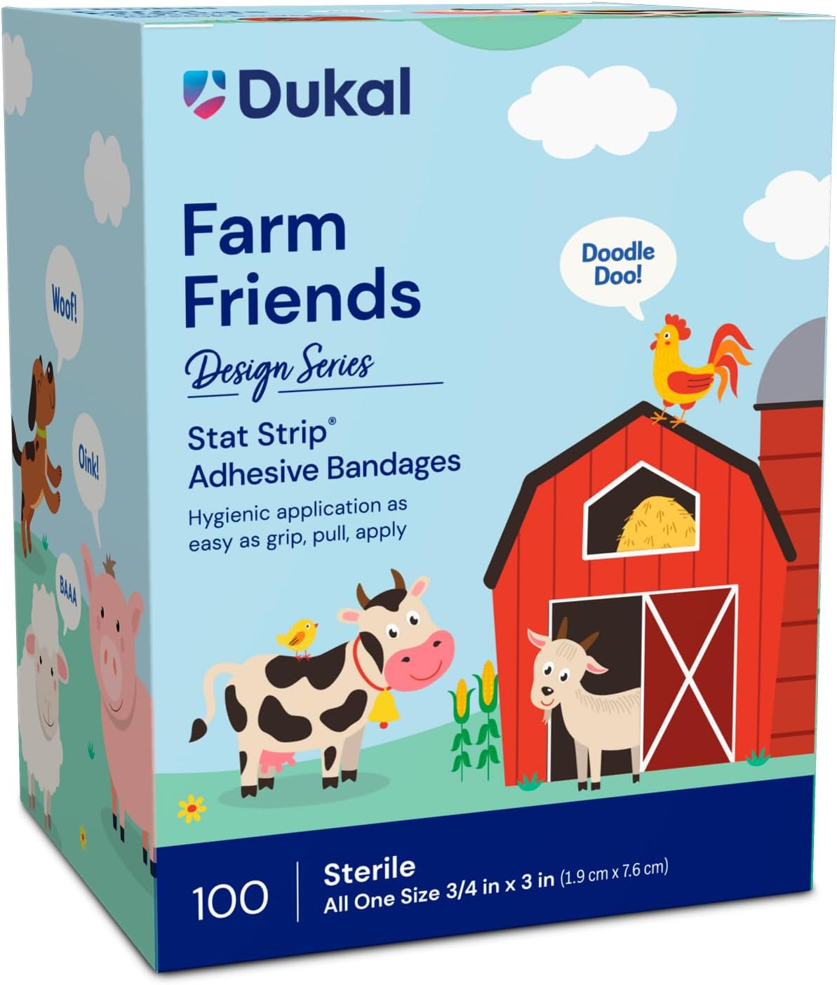 Dukal Design Series Farm Friends Adhesive Bandages With Stat Strip Technology, 3/4” X 3” (Box Of 100)