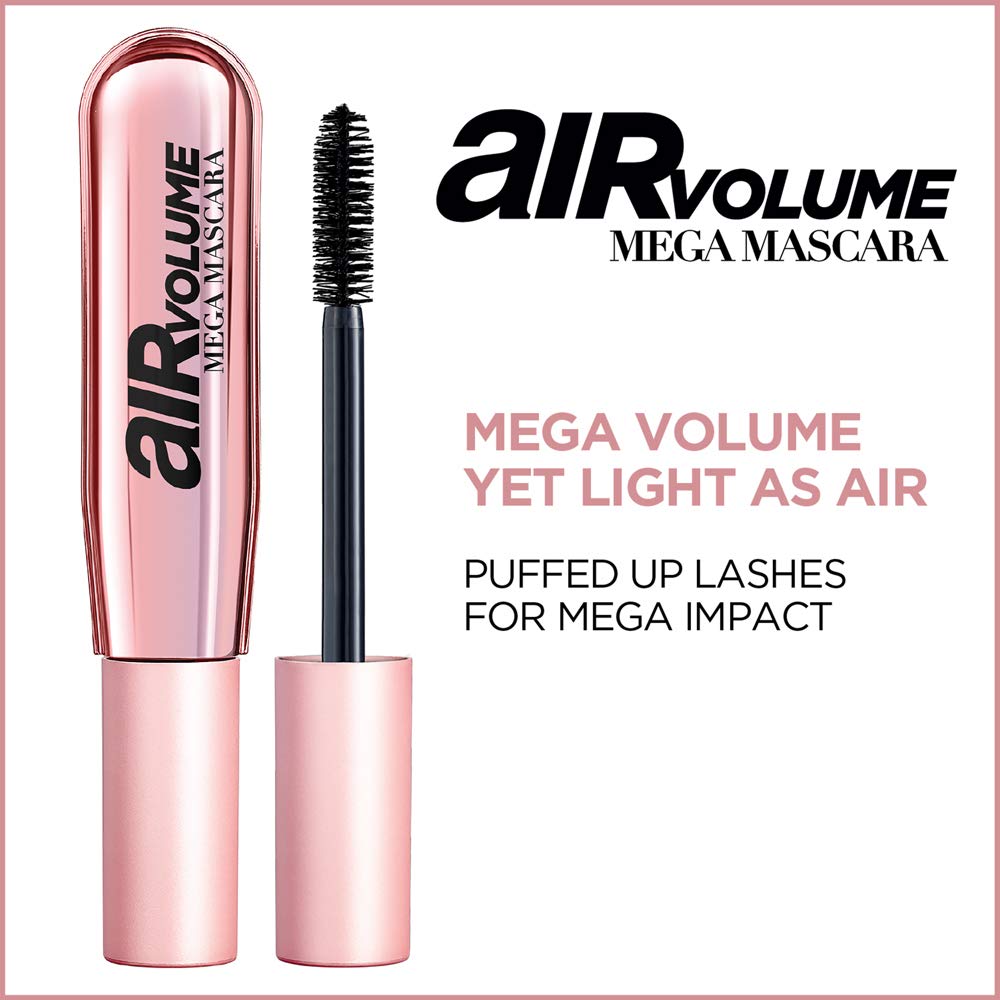 L'Oreal Paris Makeup Air Volume Mega Mascara, Lightweight & Long-lasting Volumizing Mascara for Voluminous Eyelashes, Waterproof Blackest Black, 0.3 Fl Oz : Beauty & Personal Care