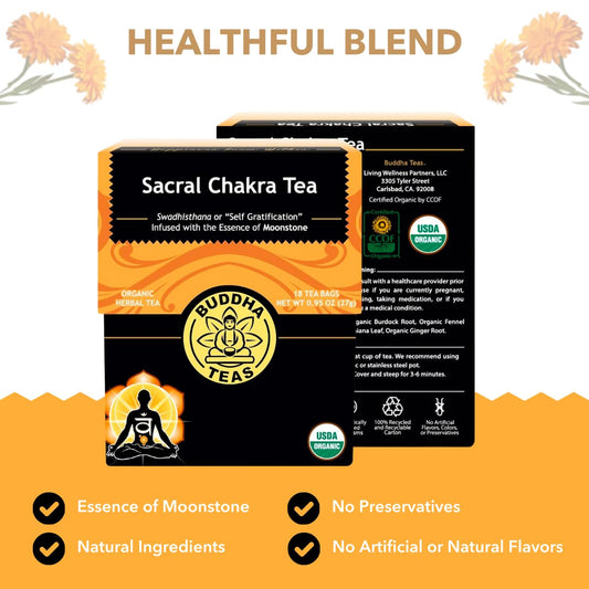 Buddha Teas - Sacral Chakra Tea - Organic Herbal Tea - For Creativity, Sensuality & Connection - With Calendula, Fennel, Damiana & Moonstone Essence - 100% Kosher & Non-Gmo - 18 Tea Bags (Pack Of 1)