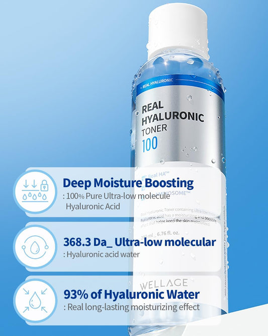 Wellage Real Hyaluronic Toner 100 - Korean Toner With 93% Hyaluronic Acid Water - Hydrating Toner - Deep, Quick Absorption - Hypoallergenic, Skin Irritation-Free, 6.76 Fl.Oz