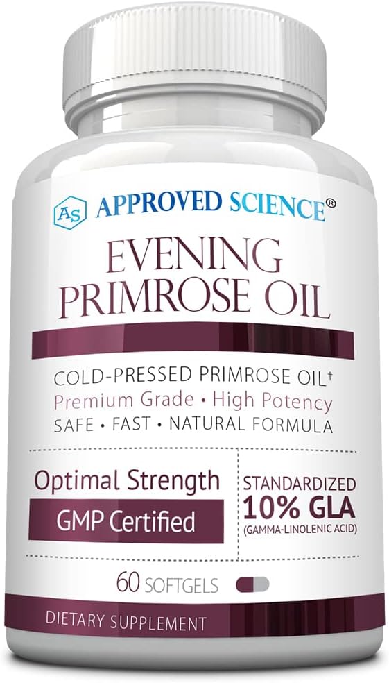 Approved Science Evening Primrose Oil - Maximum Strength - Cold Pressed - 10% GLA - Hormonal Balance, Skin and Heart Health - 60 Softgels - All Natural