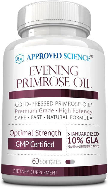 Approved Science Evening Primrose Oil - Maximum Strength - Cold Pressed - 10% GLA - Hormonal Balance, Skin and Heart Health - 60 Softgels - All Natural