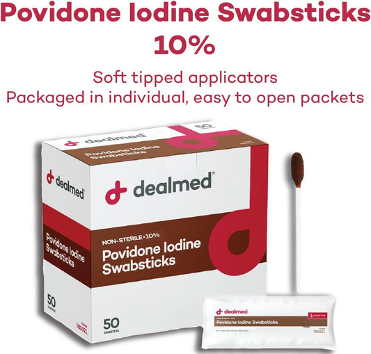 Dealmed Povidone Iodine 10% Swabsticks - Individually Sealed Packets Perfect For Wound Care And Portable First Aid Kits, 50/Box (Pack Of 1)